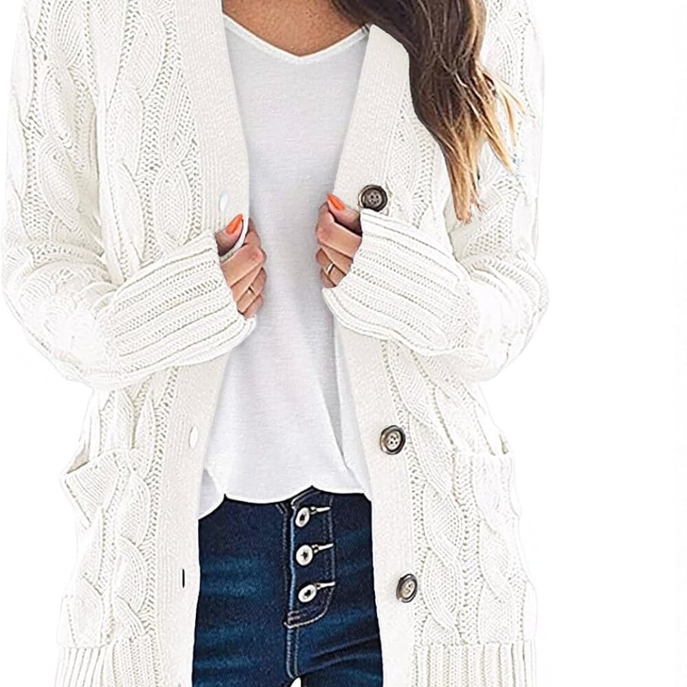 Women's 2025 Fall Long Sleeve Cable Knit Sweater Open Front Cardigan Button Loos